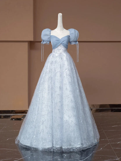Chic Sweetheart Neck A-Line Formal Dresses Puffy Short Sleeve Sequins Tulle Blue Prom Dress AP2364