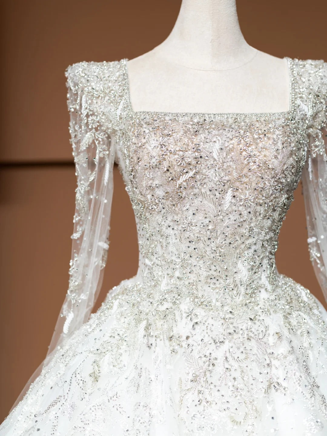 Glamorous Square Neck A-Line Bridal Gowns Tulle Sleeve Crystal Beading Wedding Dress AP2365