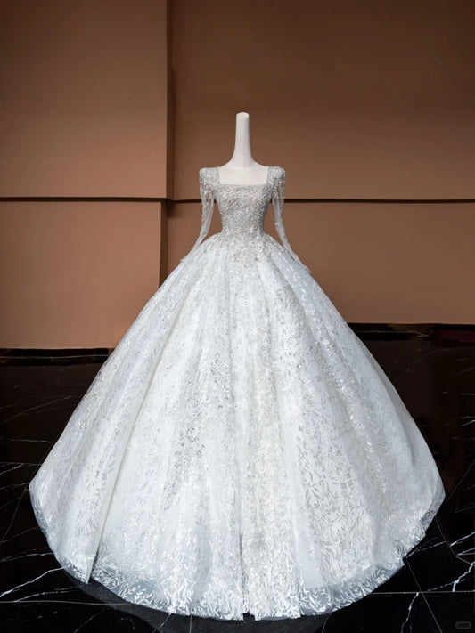 Glamorous Square Neck A-Line Bridal Gowns Tulle Sleeve Crystal Beading Wedding Dress AP2365