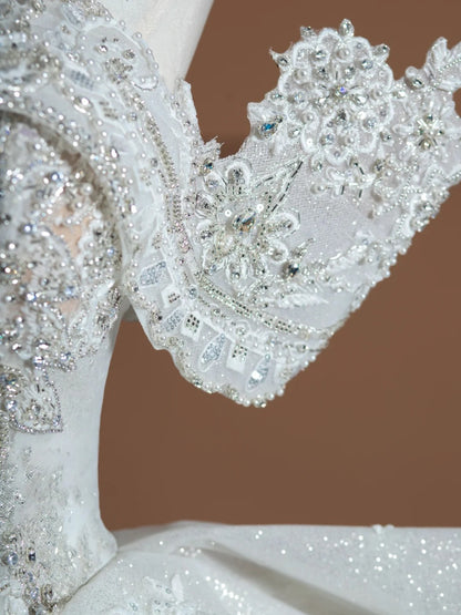 Gorgeous A-Line Off-Shoulder Bridal Gowns Ruffles Pearl Crystal Beading Sequins Wedding Dress AP2367