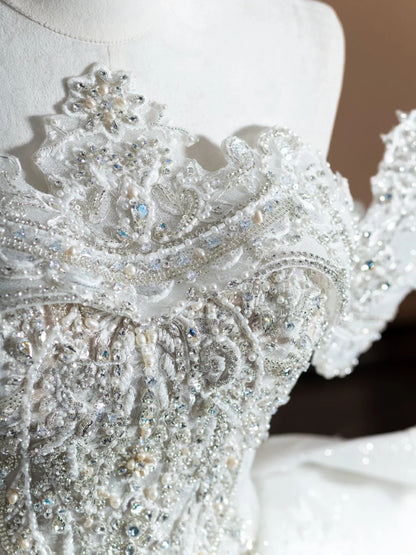 Gorgeous A-Line Off-Shoulder Bridal Gowns Ruffles Pearl Crystal Beading Sequins Wedding Dress AP2367