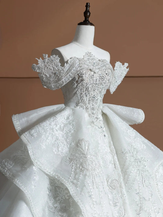 Gorgeous A-Line Off-Shoulder Bridal Gowns Ruffles Pearl Crystal Beading Sequins Wedding Dress AP2367