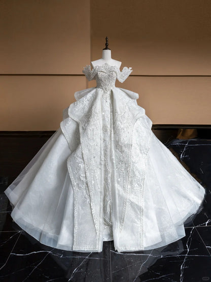 Gorgeous A-Line Off-Shoulder Bridal Gowns Ruffles Pearl Crystal Beading Sequins Wedding Dress AP2367