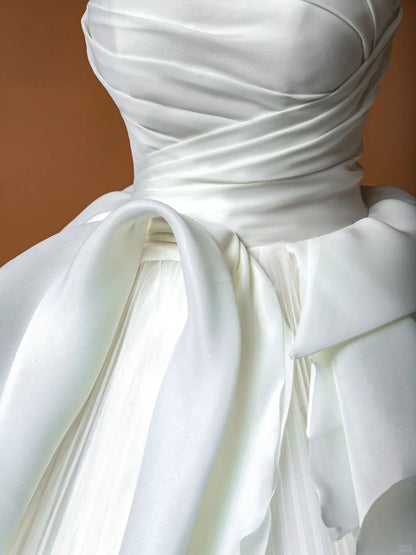 Graceful Strapless A-Line Bridal Gown Tulle Ruffles Satin Wedding Dress AP2368