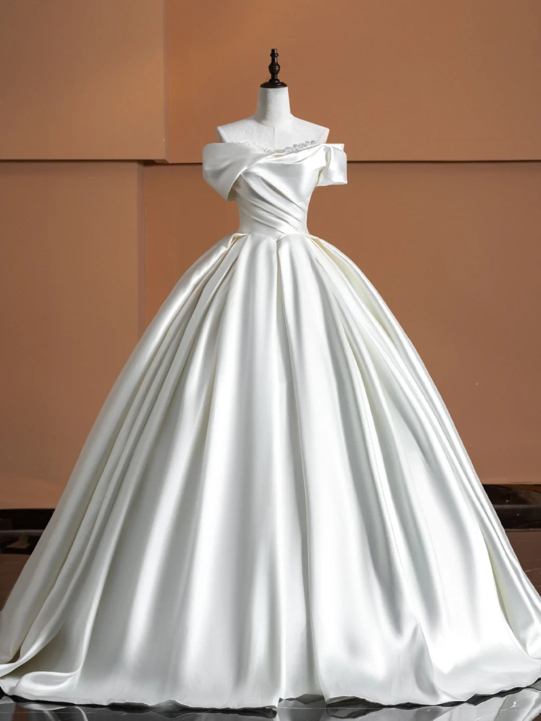 Dreamy White Satin A-Line Bridal Gowns Off-Shoulder Beading Lace Wedding Dress AP2369