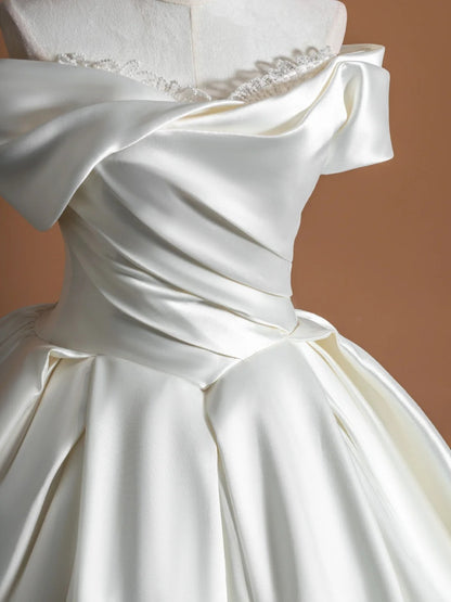 Dreamy White Satin A-Line Bridal Gowns Off-Shoulder Beading Lace Wedding Dress AP2369