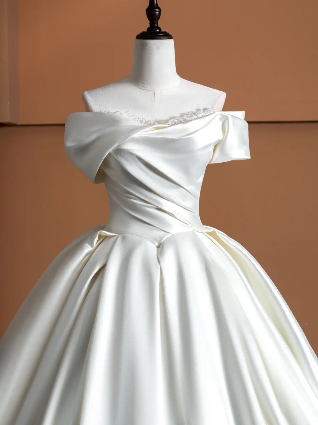 Dreamy White Satin A-Line Bridal Gowns Off-Shoulder Beading Lace Wedding Dress AP2369