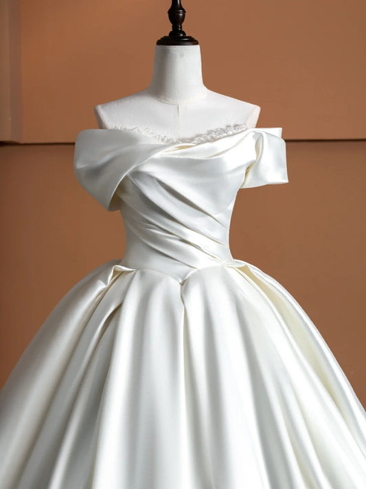 Dreamy White Satin A-Line Bridal Gowns Off-Shoulder Beading Lace Wedding Dress AP2369