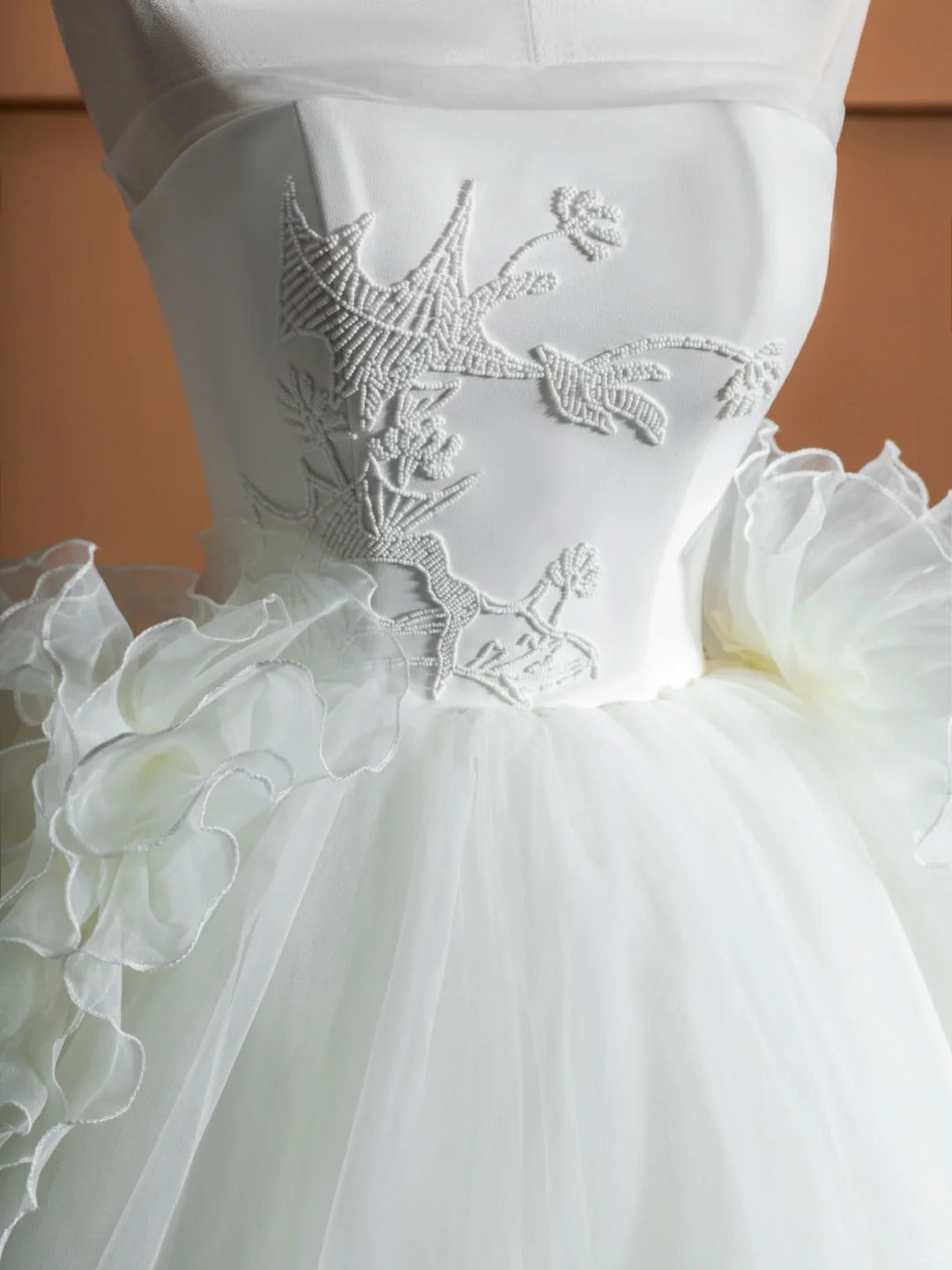 Ornate A-Line Bridal Gown Strapless Beading Ruffled Tulle Wedding Dress AP2370