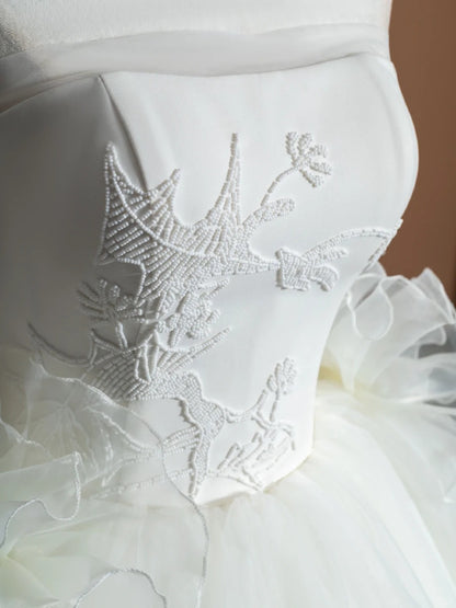 Ornate A-Line Bridal Gown Strapless Beading Ruffled Tulle Wedding Dress AP2370