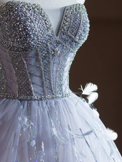 Fantastic A-Line Strapless Evening Gowns Beading Feather Tulle Prom Dress AP2372