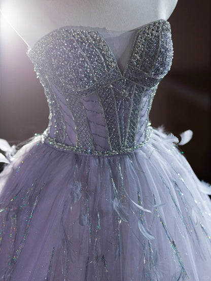 Fantastic A-Line Strapless Evening Gowns Beading Feather Tulle Prom Dress AP2372