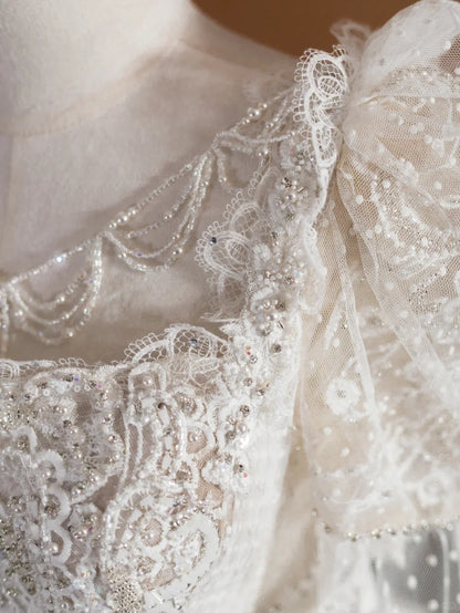 Stunning A-Line Jewel Neck Bridal Gowns Short Sleeve Beading Sequins Wedding Dress AP2373