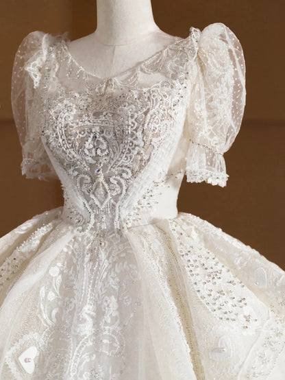 Stunning A-Line Jewel Neck Bridal Gowns Short Sleeve Beading Sequins Wedding Dress AP2373