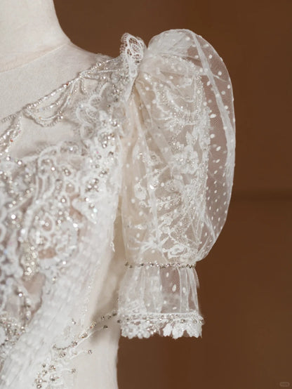 Stunning A-Line Jewel Neck Bridal Gowns Short Sleeve Beading Sequins Wedding Dress AP2373