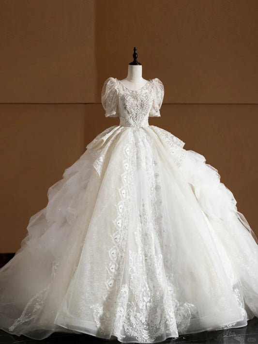 Stunning A-Line Jewel Neck Bridal Gowns Short Sleeve Beading Sequins Wedding Dress AP2373