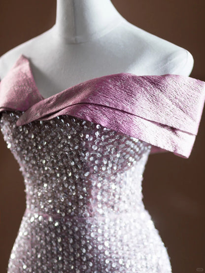 Luxurious Off-Shoulder Mermaid Evening Gowns Tulle Bow Sequins Prom Dress AP2374