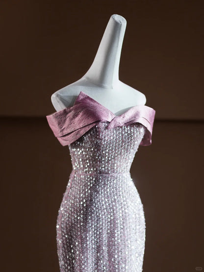 Luxurious Off-Shoulder Mermaid Evening Gowns Tulle Bow Sequins Prom Dress AP2374