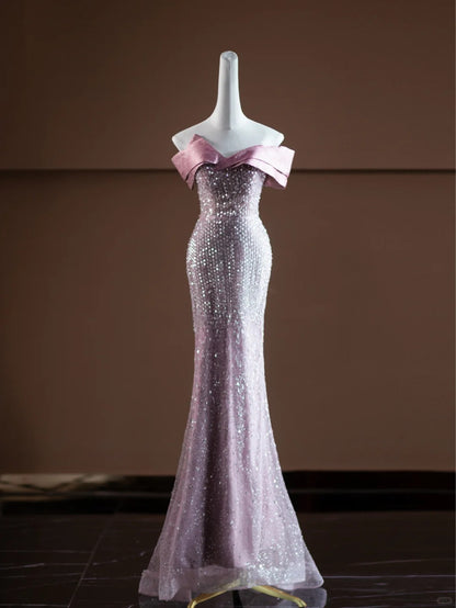 Luxurious Off-Shoulder Mermaid Evening Gowns Tulle Bow Sequins Prom Dress AP2374