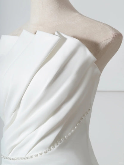 Graceful Strapless Mermaid Bridal Gowns Pressed Pleated Beading Satin Wedding Dress AP2377