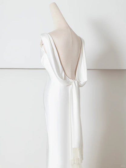 Glam Bateau Neck Bridal Gowns Mermaid Backless Sash Satin Wedding Dress AP2378