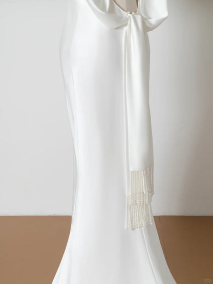 Glam Bateau Neck Bridal Gowns Mermaid Backless Sash Satin Wedding Dress AP2378