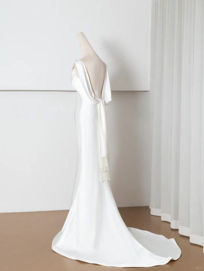 Glam Bateau Neck Bridal Gowns Mermaid Backless Sash Satin Wedding Dress AP2378