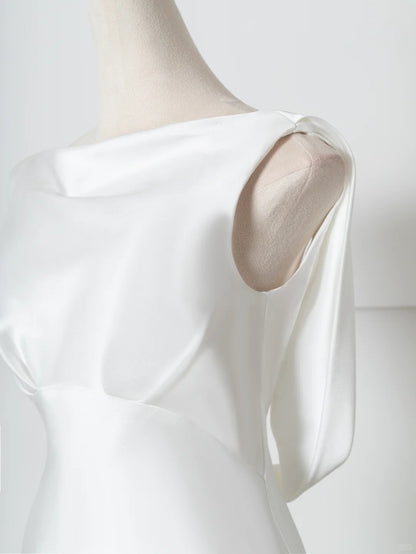 Glam Bateau Neck Bridal Gowns Mermaid Backless Sash Satin Wedding Dress AP2378