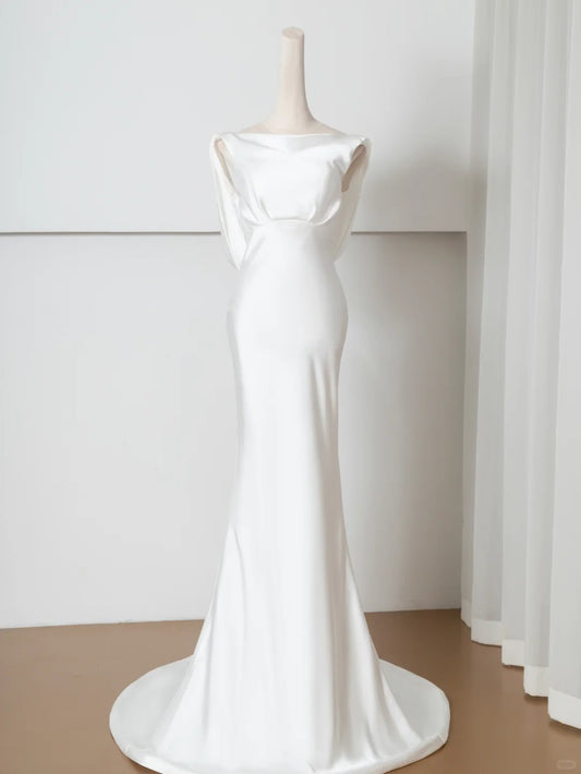 Glam Bateau Neck Bridal Gowns Mermaid Backless Sash Satin Wedding Dress AP2378