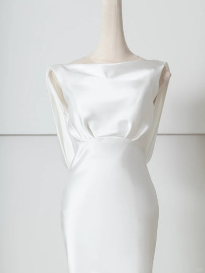 Glam Bateau Neck Bridal Gowns Mermaid Backless Sash Satin Wedding Dress AP2378