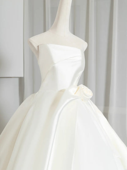 Chic Strapless A-Line Bridal Gown Pleated Satin Handmade Flower Wedding Dress AP2379