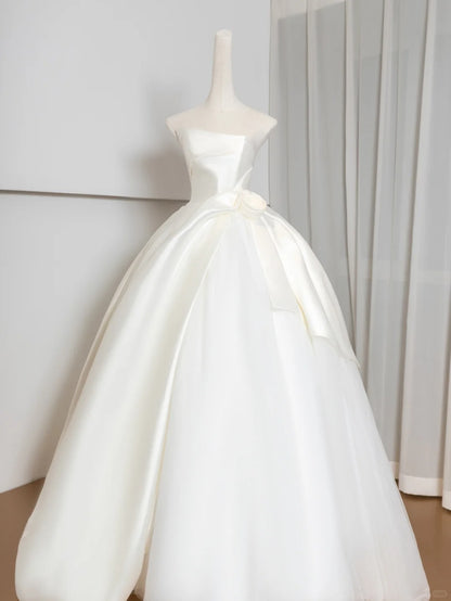 Chic Strapless A-Line Bridal Gown Pleated Satin Handmade Flower Wedding Dress AP2379