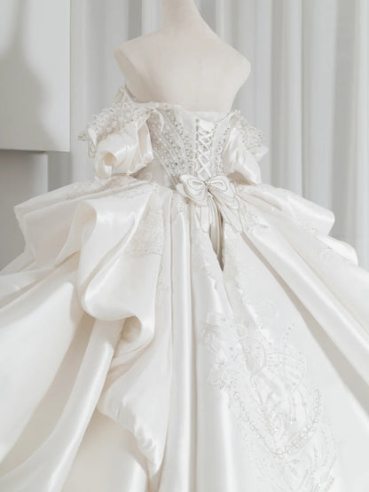 Luxurious Off-Shoulder A-Line Bridal Gowns Sequins Applique Beading Ruffled Wedding Dress AP2380