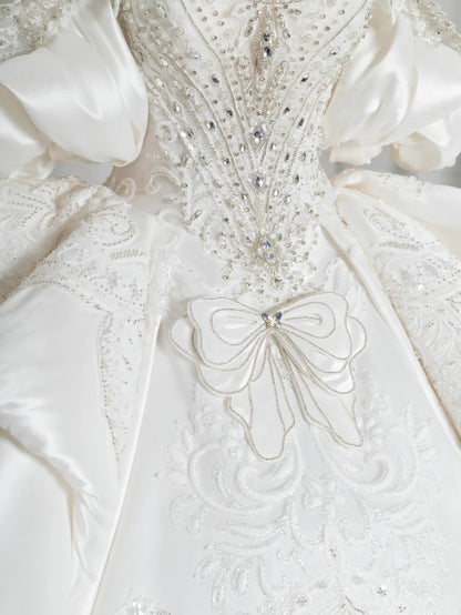 Luxurious Off-Shoulder A-Line Bridal Gowns Sequins Applique Beading Ruffled Wedding Dress AP2380