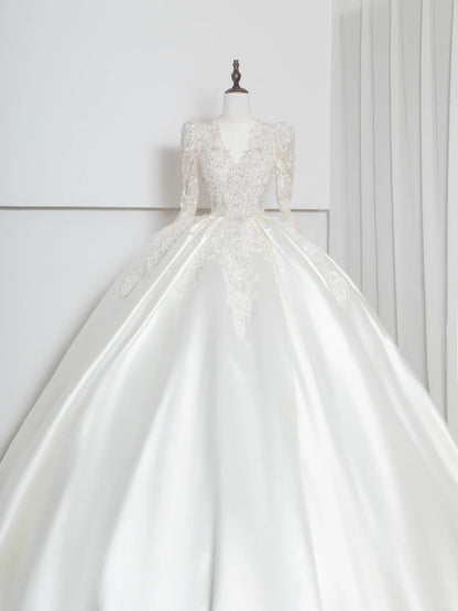 Artistic V-Neck A-Line Bridal Gowns Long Sleeve Beading Sequins Backless Wedding Dress AP2381