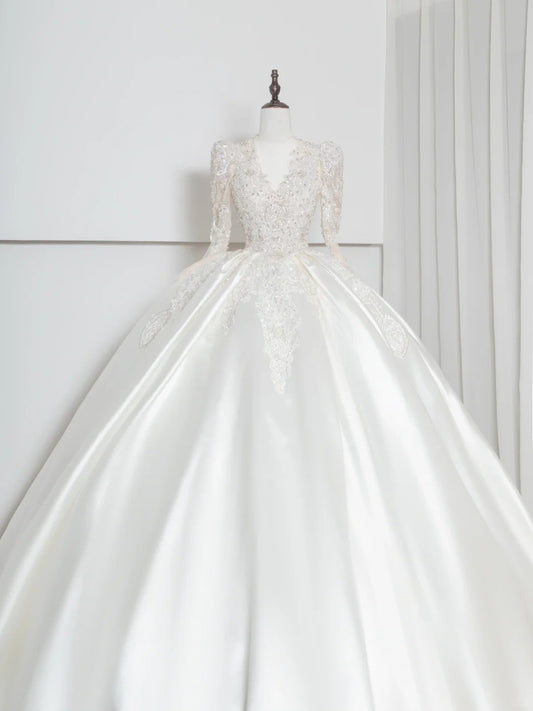 Artistic V-Neck A-Line Bridal Gowns Long Sleeve Beading Sequins Backless Wedding Dress AP2381