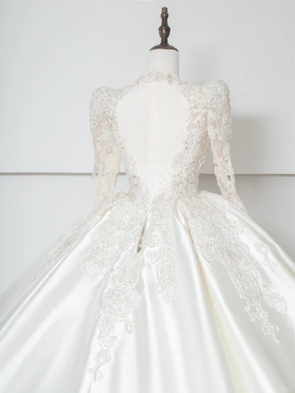 Artistic V-Neck A-Line Bridal Gowns Long Sleeve Beading Sequins Backless Wedding Dress AP2381