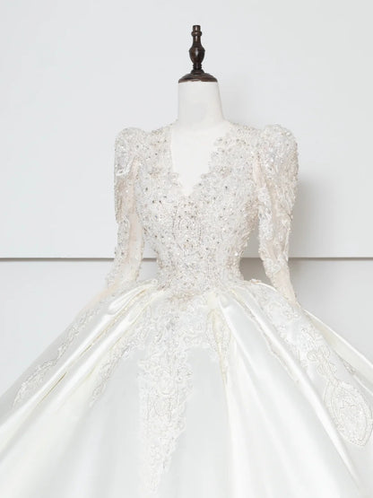 Artistic V-Neck A-Line Bridal Gowns Long Sleeve Beading Sequins Backless Wedding Dress AP2381