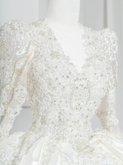 Artistic V-Neck A-Line Bridal Gowns Long Sleeve Beading Sequins Backless Wedding Dress AP2381
