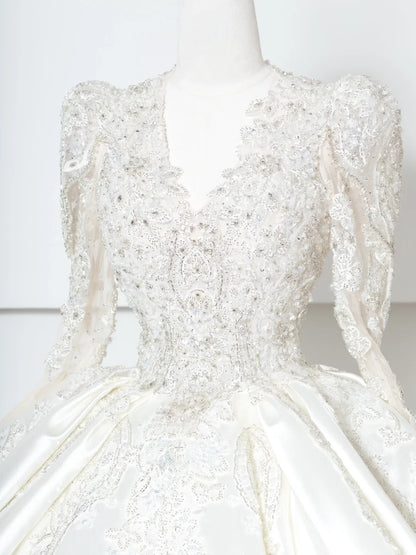 Artistic V-Neck A-Line Bridal Gowns Long Sleeve Beading Sequins Backless Wedding Dress AP2381
