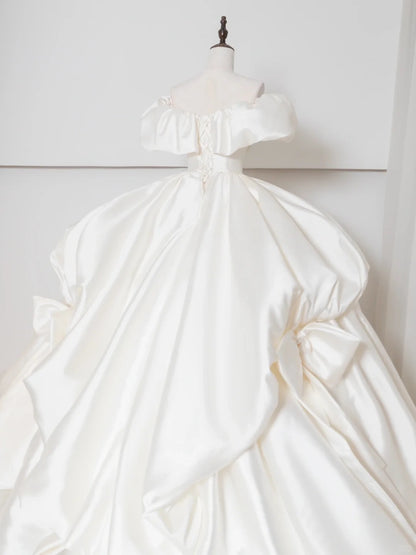 Alluring Off-Shoulder A-Line Bridal Gowns Ruched Satin Wedding Dress AP2382