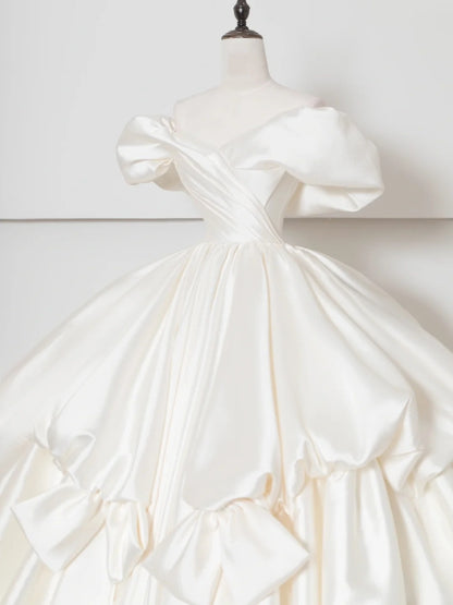 Alluring Off-Shoulder A-Line Bridal Gowns Ruched Satin Wedding Dress AP2382