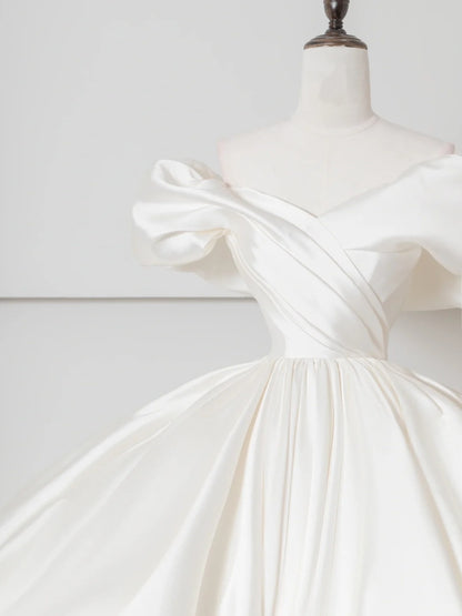 Alluring Off-Shoulder A-Line Bridal Gowns Ruched Satin Wedding Dress AP2382