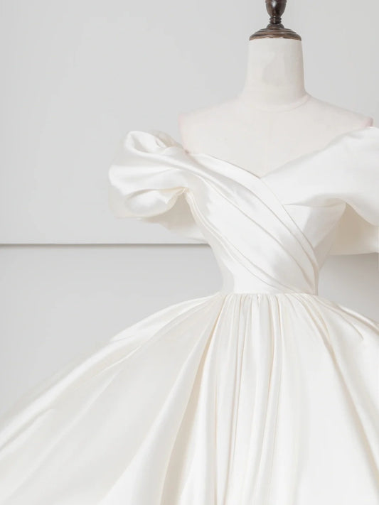 Alluring Off-Shoulder A-Line Bridal Gowns Ruched Satin Wedding Dress AP2382