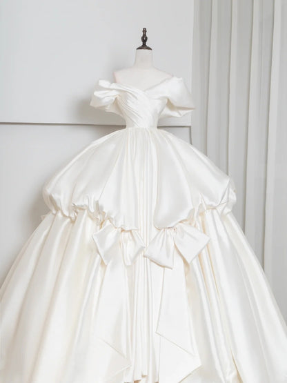 Alluring Off-Shoulder A-Line Bridal Gowns Ruched Satin Wedding Dress AP2382