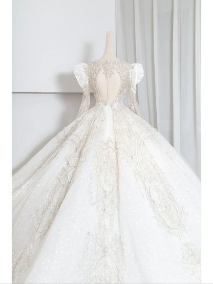 Ethereal A-Line A-Line Bridal Gowns Beading Sequins Puffy Long Sleeve Wedding Dress AP2383