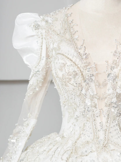 Ethereal A-Line A-Line Bridal Gowns Beading Sequins Puffy Long Sleeve Wedding Dress AP2383