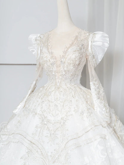 Ethereal A-Line A-Line Bridal Gowns Beading Sequins Puffy Long Sleeve Wedding Dress AP2383