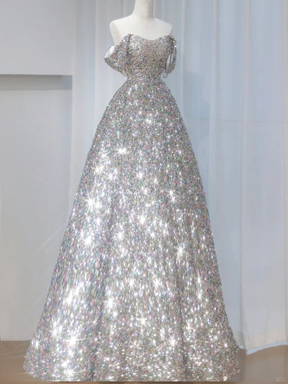 Stunning A-Line Formal Dresses Off-Shoulder Sequins Beading Prom Dress AP2384