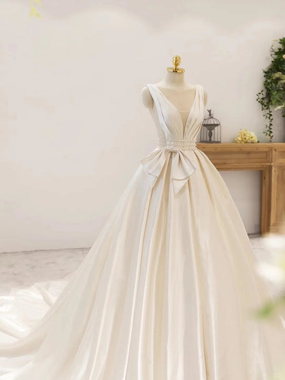 Charming A-Line V-Neck Bridal Gown Beading Bow Satin Backless Wedding Dress AP2385